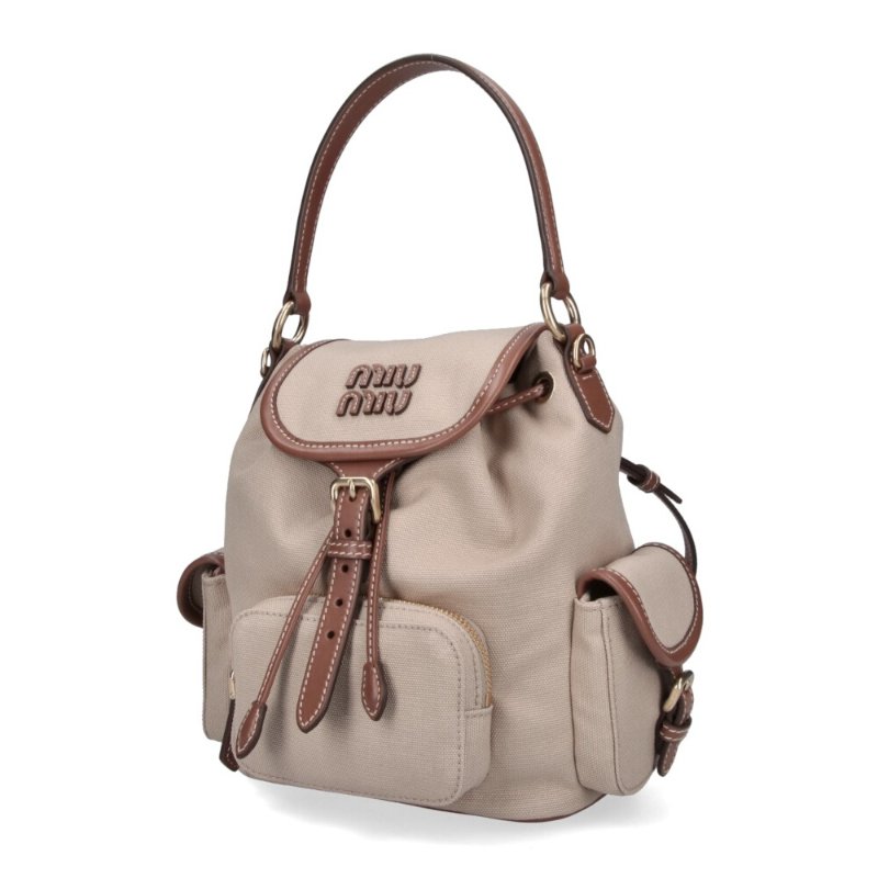【MIU MIU】Backpack 中號 帆布 皮革 後背包 帆船繩米色 白蘭地色 5BZ043-1