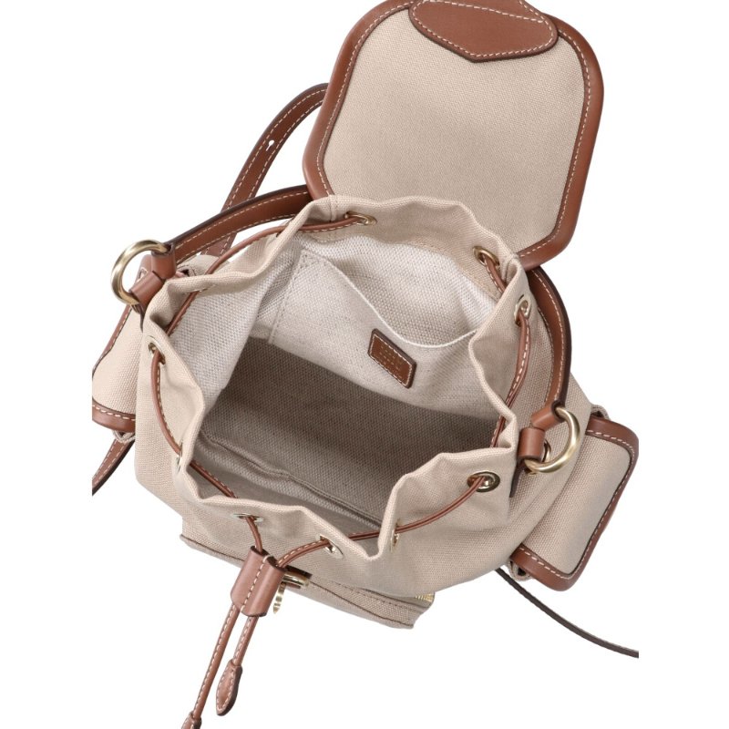 【MIU MIU】Backpack 中號 帆布 皮革 後背包 帆船繩米色 白蘭地色 5BZ043-3