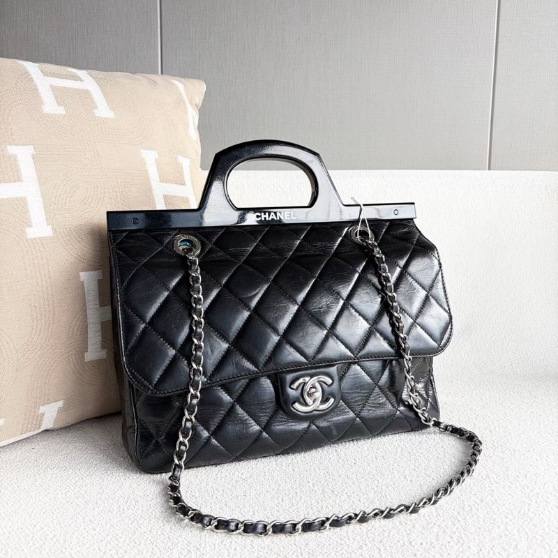 Chanel vintage中古款衣架包  黑色 銀扣 油蠟皮 30*24*7 98新保卡塵袋-3