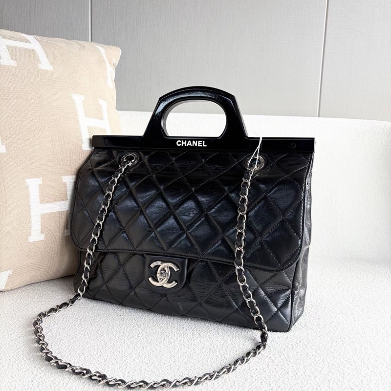 Chanel vintage中古款衣架包  黑色 銀扣 油蠟皮 30*24*7 98新保卡塵袋-5