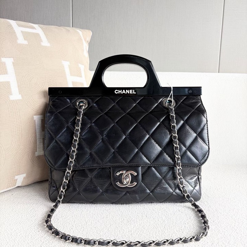 Chanel vintage中古款衣架包  黑色 銀扣 油蠟皮 30*24*7 98新保卡塵袋-6