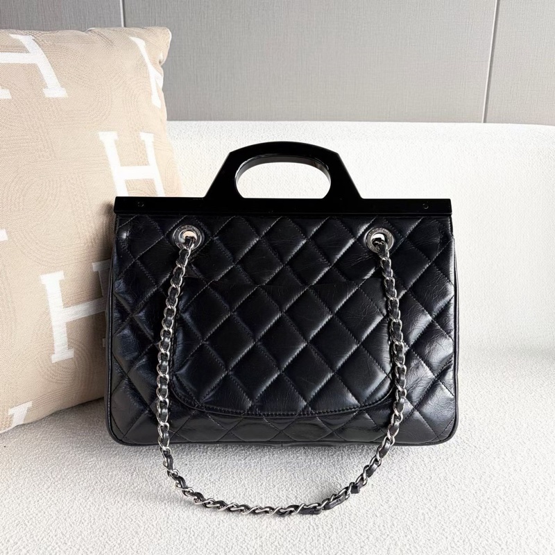Chanel vintage中古款衣架包  黑色 銀扣 油蠟皮 30*24*7 98新保卡塵袋-7