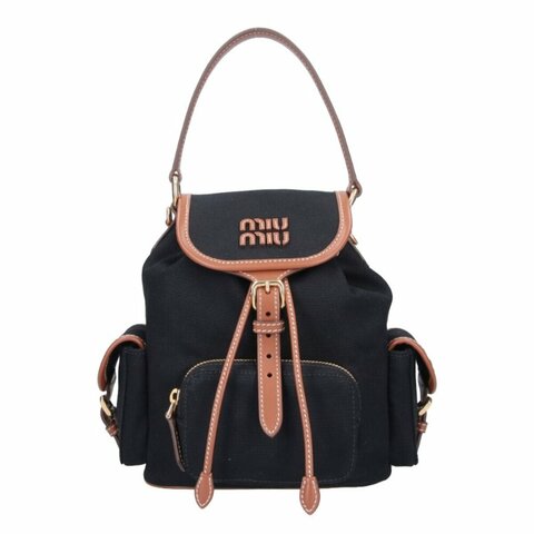 【MIU MIU】Backpack 中號 帆布 皮革 後背包 黑色 白蘭地色 5BZ043