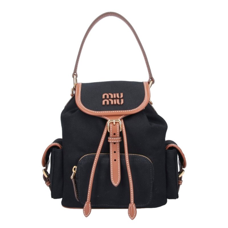 【MIU MIU】Backpack 中號 帆布 皮革 後背包 黑色 白蘭地色 5BZ043-0