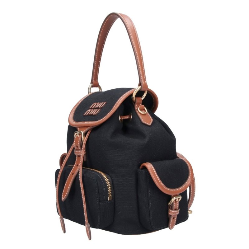 【MIU MIU】Backpack 中號 帆布 皮革 後背包 黑色 白蘭地色 5BZ043-1