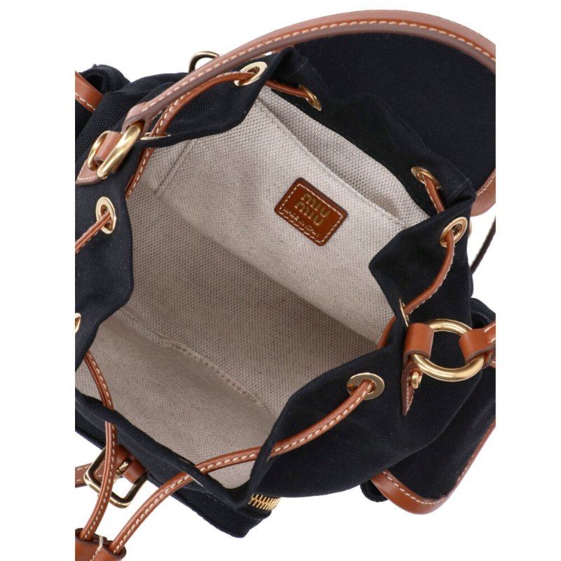 【MIU MIU】Backpack 中號 帆布 皮革 後背包 黑色 白蘭地色 5BZ043-3