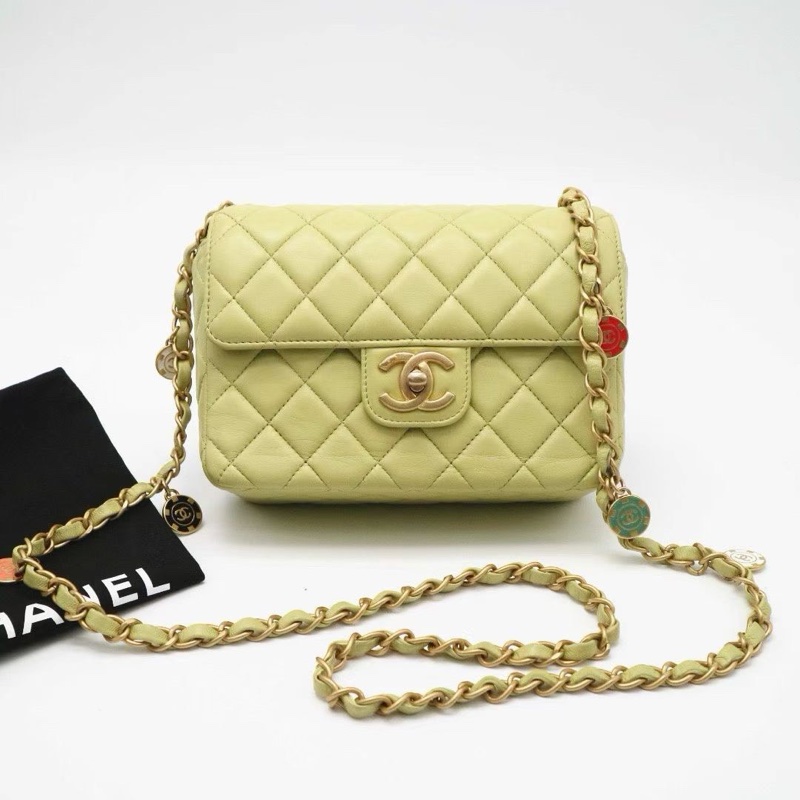 CHANEL 23C 摩納哥系列 籌碼徽章 方胖子鏈條包,嫩芽綠19X15X6.5 98新徽章肩帶 塵袋-2
