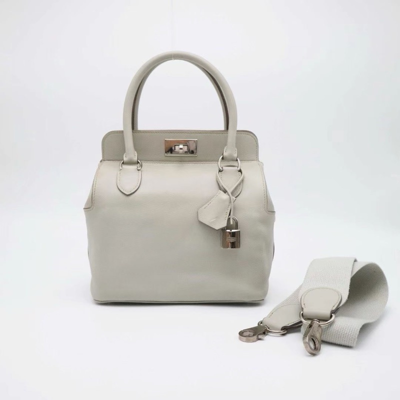 HERMES mini Toolbox 20 牛奶盒子包珍珠灰+銀扣 Evercolor小牛皮 99新配件肩帶、皮牌、鑰匙鎖-2