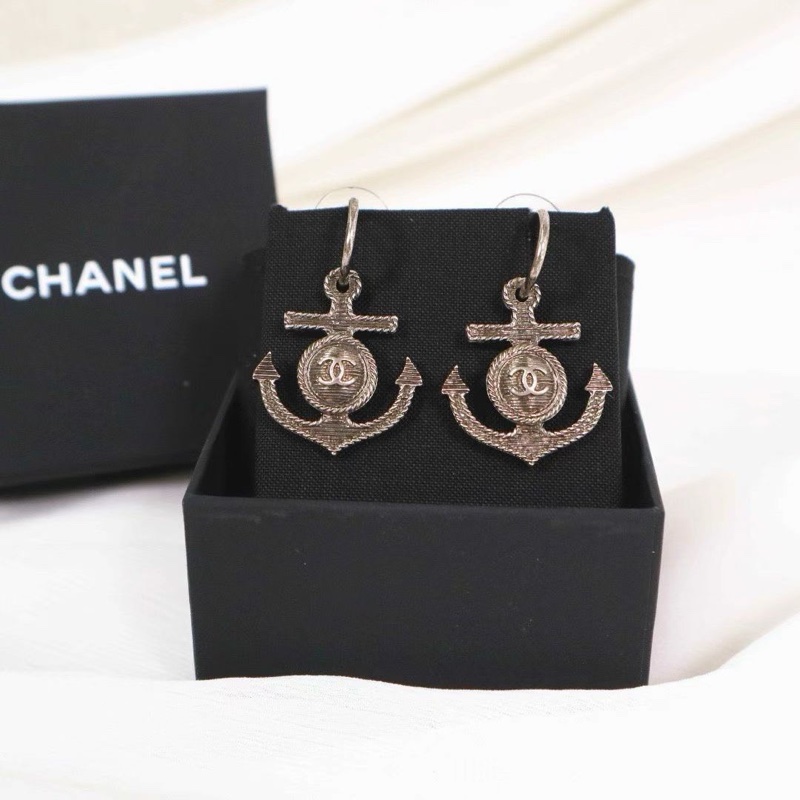 CHANEL 銀色船錨耳釘 復古做舊銀色3.5*2.3 99新配件盒子-4
