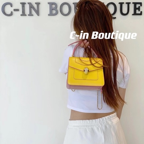 BVLGARI檸檬黃蛇頭風琴 手提斜背包小號 18*16  98新配件肩帶 鏡子 塵袋