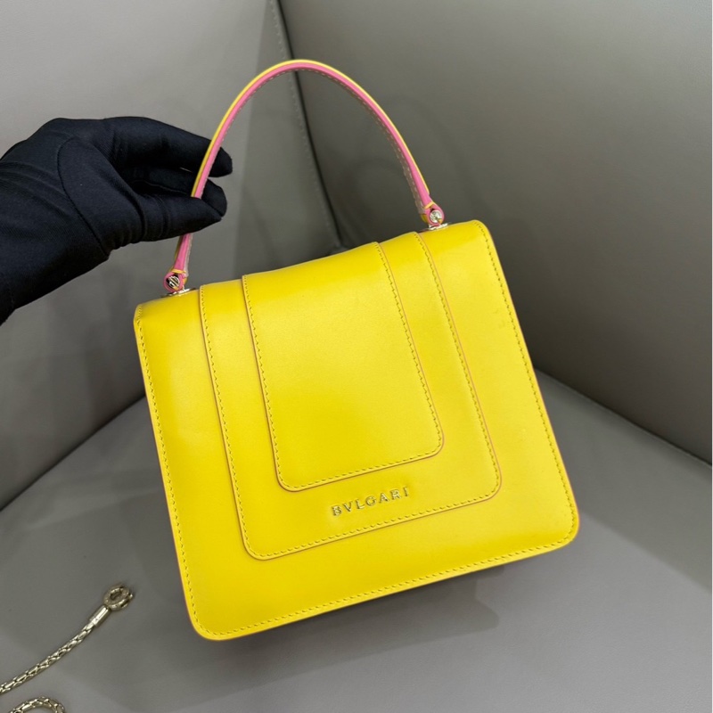 BVLGARI檸檬黃蛇頭風琴 手提斜背包小號 18*16 98新配件肩帶 鏡子 塵袋-6