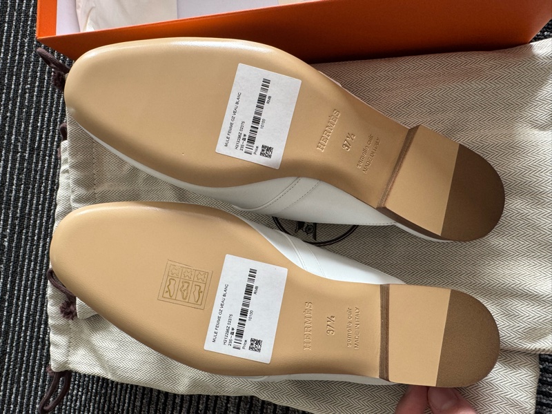 閒置未使用 Hermes 愛馬仕穆勒拖 白色銀扣37.5 碼-5