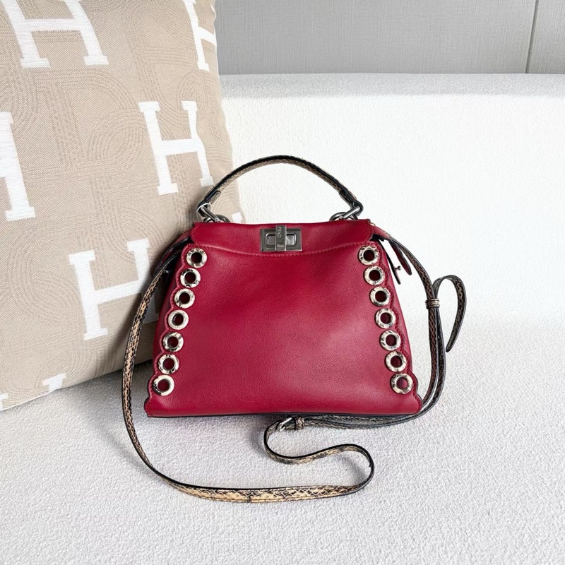 Fendi peekaboo蛇皮手柄肩背斜背包紅色 銀扣 24*18*10 98新配件肩帶 塵袋-2
