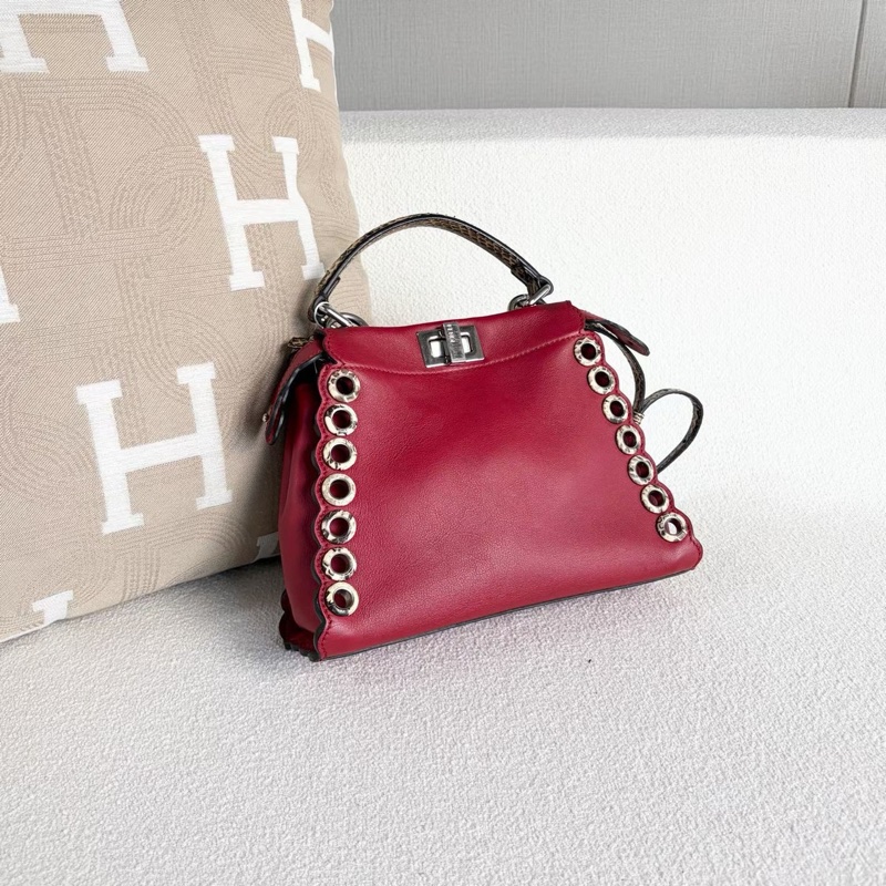 Fendi peekaboo蛇皮手柄肩背斜背包紅色 銀扣 24*18*10 98新配件肩帶 塵袋-4