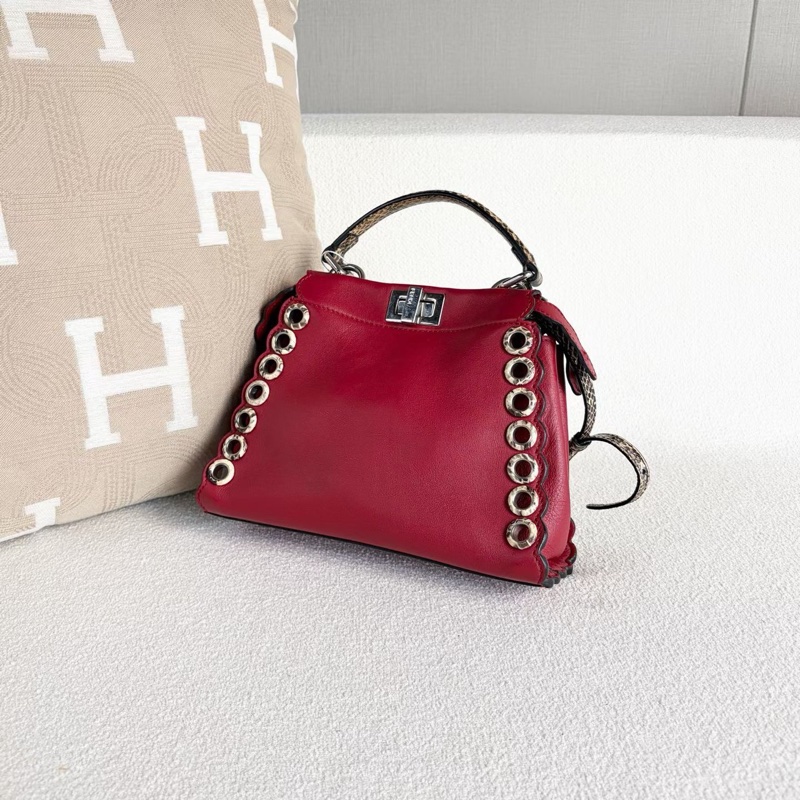Fendi peekaboo蛇皮手柄肩背斜背包紅色 銀扣 24*18*10 98新配件肩帶 塵袋-6