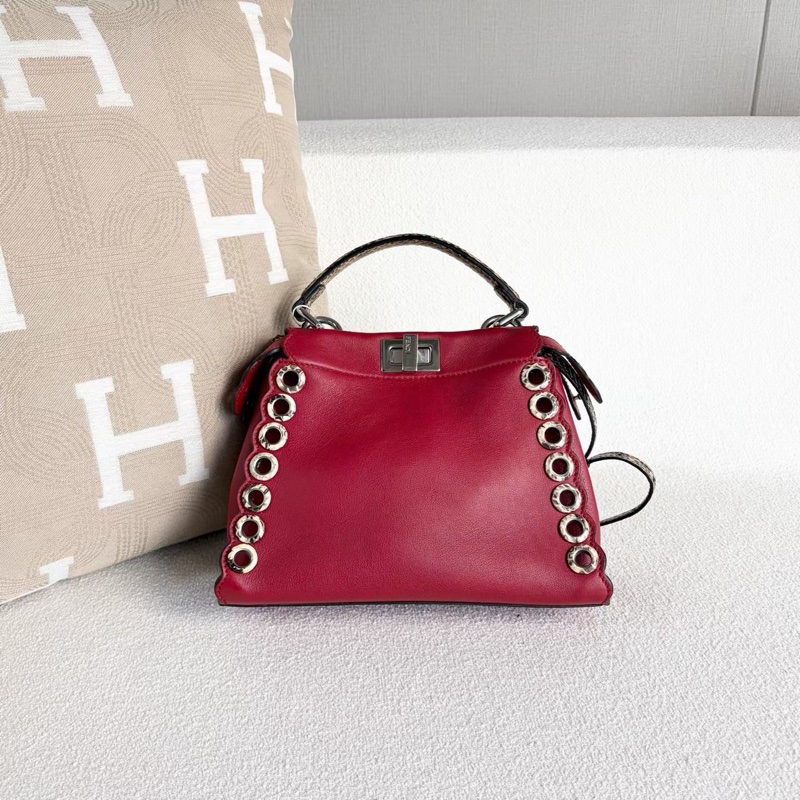 Fendi peekaboo蛇皮手柄肩背斜背包紅色 銀扣 24*18*10 98新配件肩帶 塵袋-7