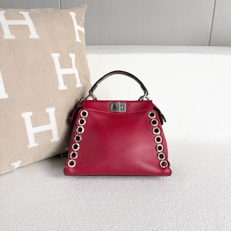 Fendi peekaboo蛇皮手柄肩背斜背包紅色 銀扣 24*18*10 98新配件肩帶 塵袋-8