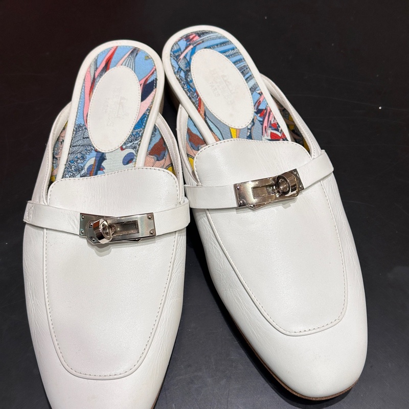 Hermes愛馬仕 Oz kelly白色拖鞋 穆勒鞋 半拖 銀扣 尺碼:37碼-0