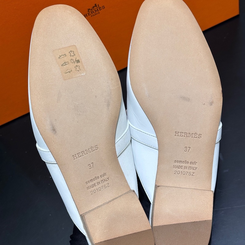 Hermes愛馬仕 Oz kelly白色拖鞋 穆勒鞋 半拖 銀扣 尺碼:37碼-6