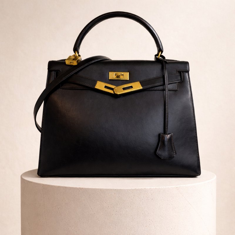 愛馬仕 Hermes Kelly 28 黑金 Box 皮 Sellier 外縫 凱莉包 手提包 金扣 GHW-0