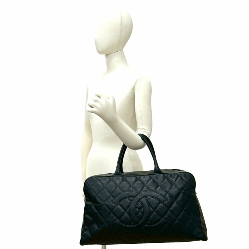 CHANEL Matelassé Coco Mark 魚子醬皮革波士頓包,黑色,84169-1