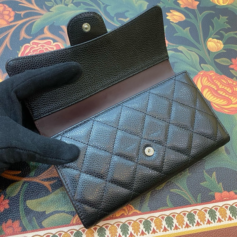 Chanel香奈兒 黑金CF三折錢包 荔枝紋牛皮銀 扣 鐳射21開有卡-4