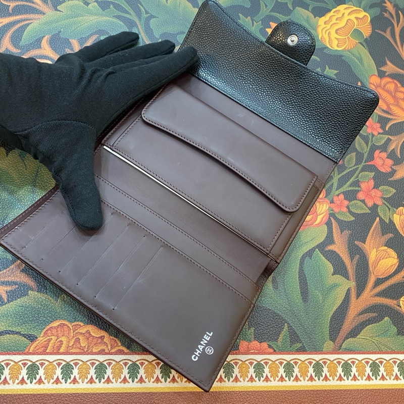 Chanel香奈兒 黑金CF三折錢包 荔枝紋牛皮銀 扣 鐳射21開有卡-5