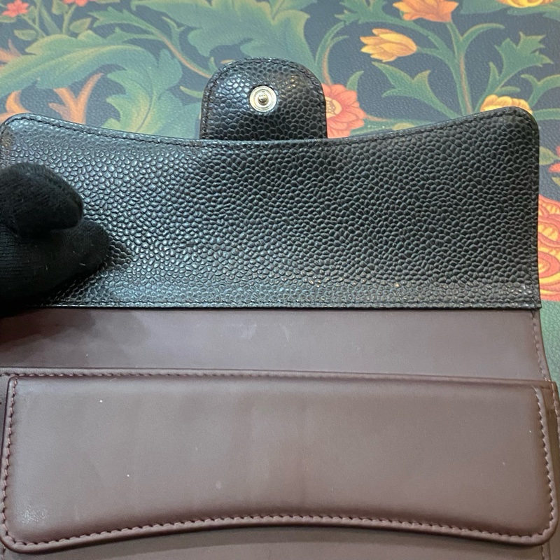 Chanel香奈兒 黑金CF三折錢包 荔枝紋牛皮銀 扣 鐳射21開有卡-8