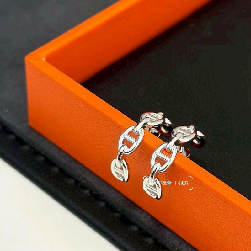 Hermès Chaine d'ancre 豬鼻子 925 純銀 造型 針式 耳環-3