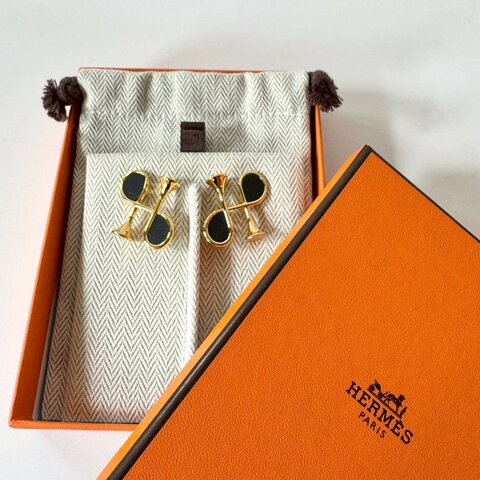 Hermès Cor H 黃金鍍金 皮革 小喇叭 H 形 牛角耳針 耳環