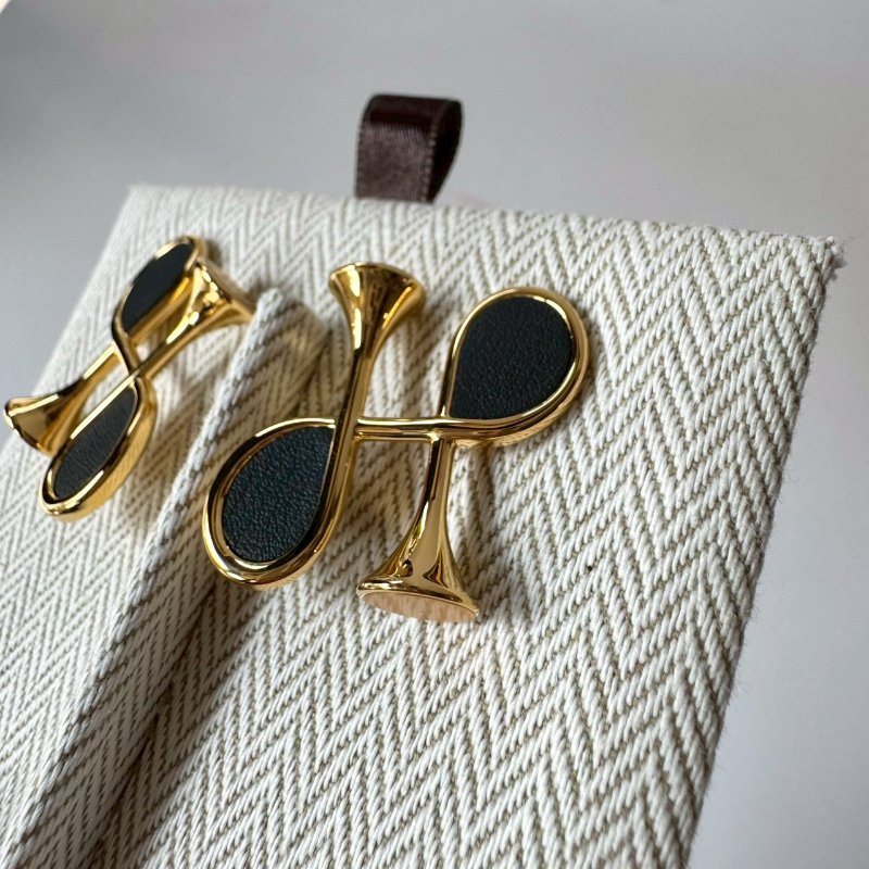 Hermès Cor H 黃金鍍金 皮革 小喇叭 H 形 牛角耳針 耳環-2