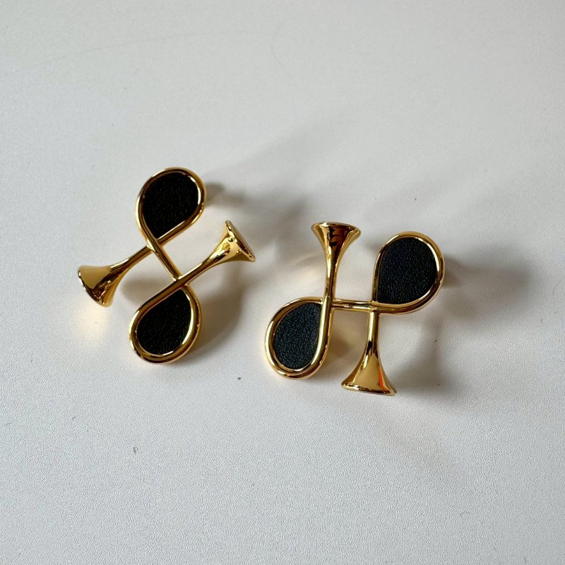 Hermès Cor H 黃金鍍金 皮革 小喇叭 H 形 牛角耳針 耳環-4