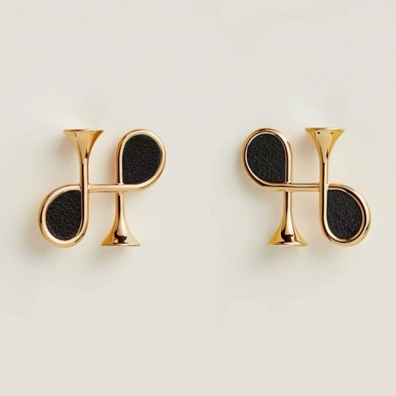 Hermès Cor H 黃金鍍金 皮革 小喇叭 H 形 牛角耳針 耳環-8