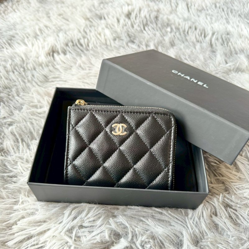 全新 CHANEL L 型拉鍊 經典 魚子醬 小牛皮 零錢包 卡包 現貨-3