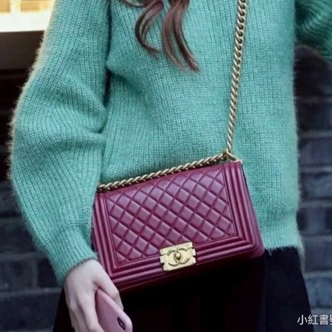 專櫃25w🈶購證😍香奈兒酒紅色金扣中號leboy25單肩斜挎包