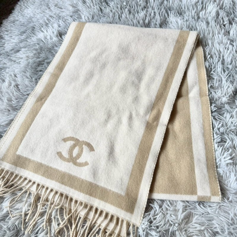 全新真品 CHANEL 新款 米/奶茶色圍巾 大CC 雙色 雙面 羊絨 圍巾 AAB984 現貨-3