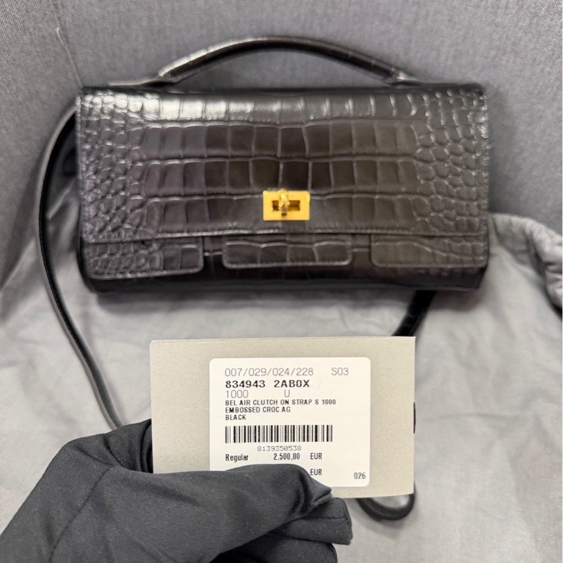 巴黎世家 Balenciaga bel air clutch 黑金鰐魚壓紋-5