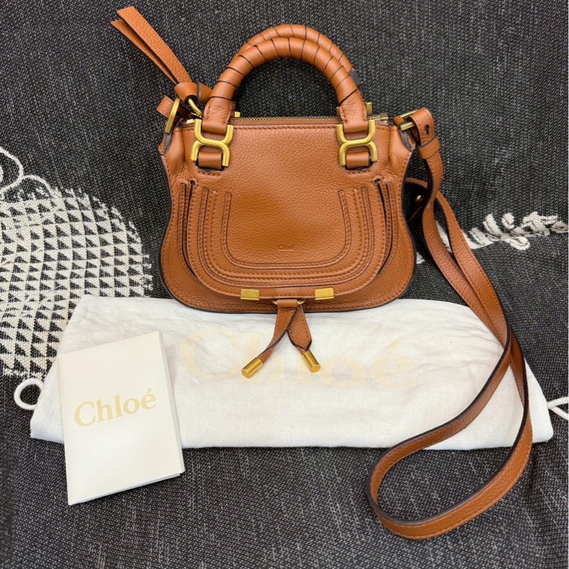 九成新以上 Chloe Marcie mini 牛皮翻蓋兩用包 焦糖咖-5