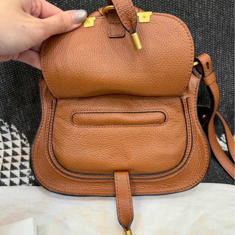 九成新以上 Chloe Marcie mini 牛皮翻蓋兩用包 焦糖咖-11