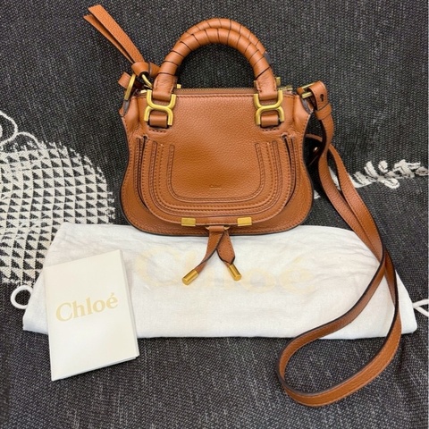 九成新以上 Chloe Marcie mini 牛皮翻蓋兩用包 焦糖咖