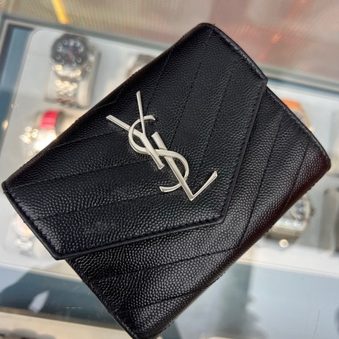 98新 YSL聖羅蘭 黑銀荔枝皮三折錢包 卡包 無配件