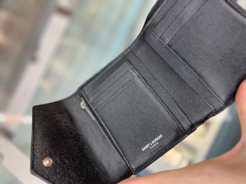 98新 YSL聖羅蘭 黑銀荔枝皮三折錢包 卡包 無配件-1