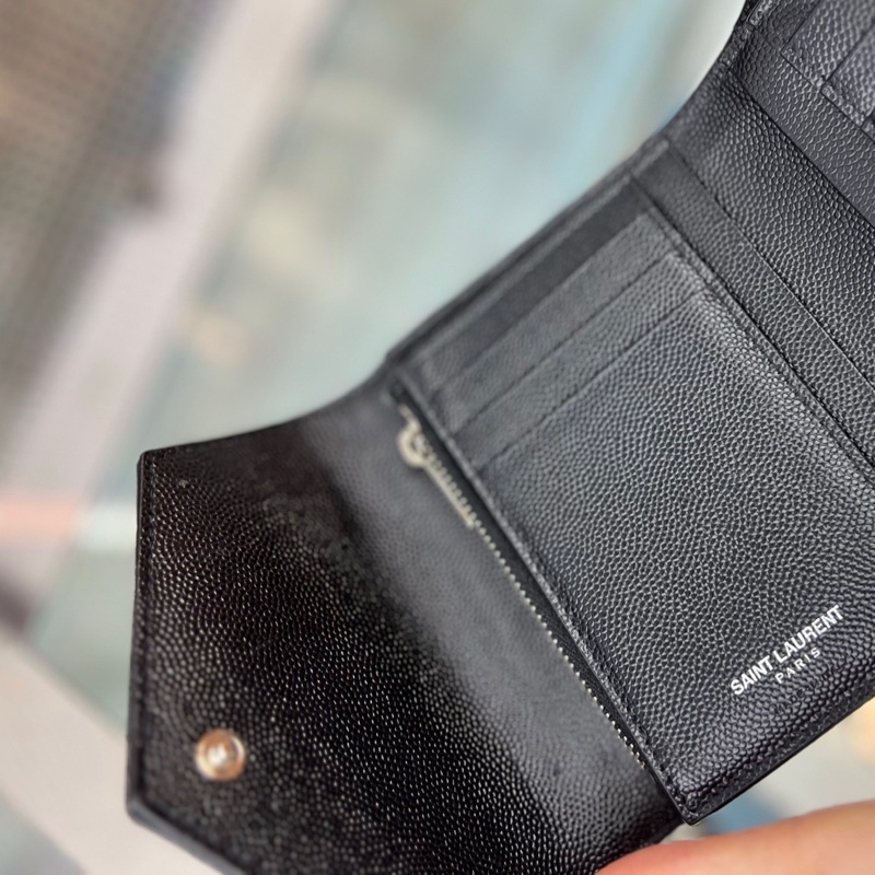 98新 YSL聖羅蘭 黑銀荔枝皮三折錢包 卡包 無配件-2