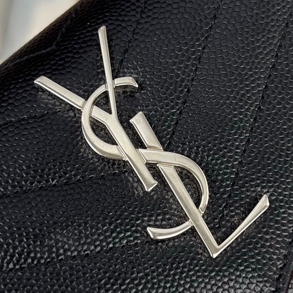 98新 YSL聖羅蘭 黑銀荔枝皮三折錢包 卡包 無配件-3