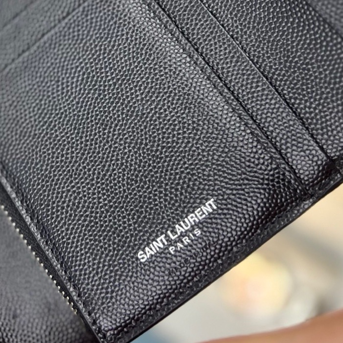 98新 YSL聖羅蘭 黑銀荔枝皮三折錢包 卡包 無配件-4