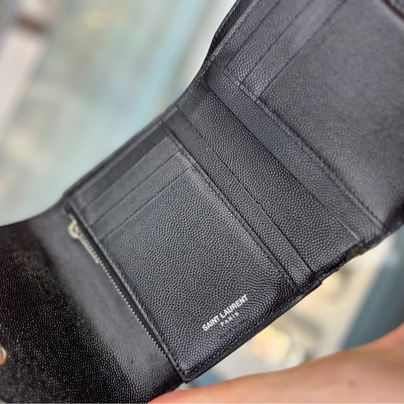 98新 YSL聖羅蘭 黑銀荔枝皮三折錢包 卡包 無配件-5