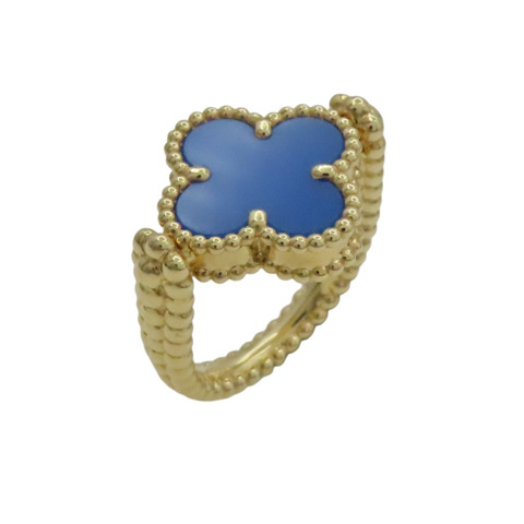 18K黃金 藍瑪瑙 鑽石 Vintage Alhambra 雙面戒指 48【Van Cleef & Arpels 梵克雅寶】 VCARPGV148