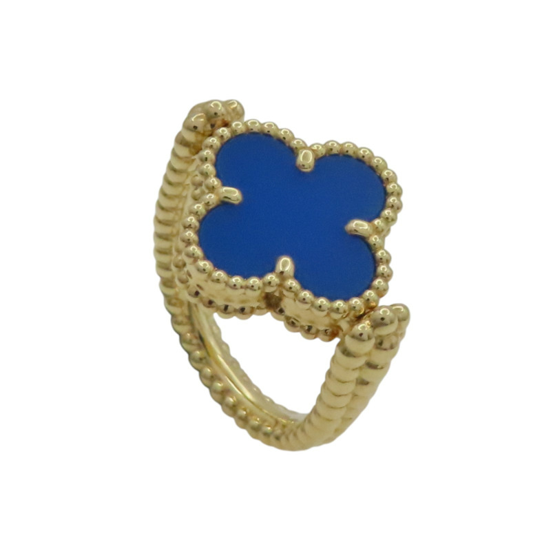 18K黃金 藍瑪瑙 鑽石 Vintage Alhambra 雙面戒指 48【Van Cleef & Arpels 梵克雅寶】 VCARPGV148-1