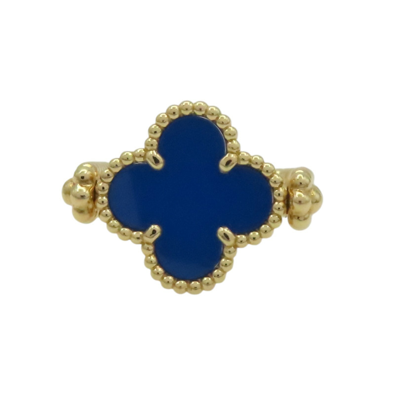 18K黃金 藍瑪瑙 鑽石 Vintage Alhambra 雙面戒指 48【Van Cleef & Arpels 梵克雅寶】 VCARPGV148-2