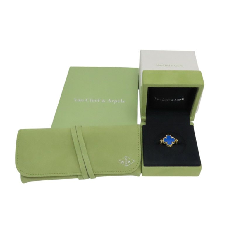 18K黃金 藍瑪瑙 鑽石 Vintage Alhambra 雙面戒指 48【Van Cleef & Arpels 梵克雅寶】 VCARPGV148-9